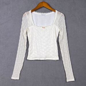 Haley & June Cream White Coquette Lace Textured Mesh Ribbon Long Sleeve Top S